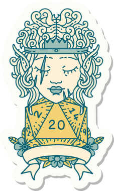 Bir insan tarafından çizilmiş 20 zarlı elf barbar karakterinin çıkartması.