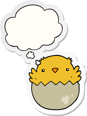 Düşünce baloncuğuyla yumurtadan çıkan karikatür yavrusu insan tarafından çizilmiş bir çıkartma gibi.