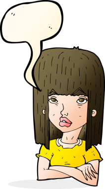 Bir insan tarafından çizilmiş, kolları katlanmış, konuşma balonu olan çizgi film kızı.