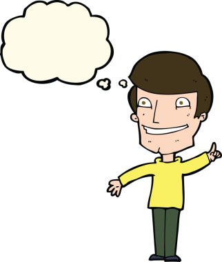 Bir insan tarafından çizilmiş düşünce baloncuğuyla sırıtan çizgi film adamı.