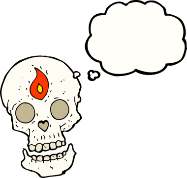 Bir insan tarafından çizilmiş düşünce baloncuklu mistik kafatası.