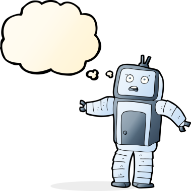 Bir insan tarafından çizilmiş düşünce baloncuklu komik robot.