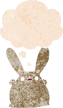 Düşünce baloncuklu çizgi film tavşanı grunge dertli eski moda bir insan tarafından çizilmiş.