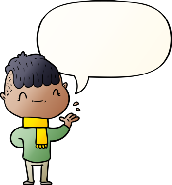 Bir insan tarafından çizilmiş, konuşma baloncuğu olan çizgi film dostu bir çocuk.