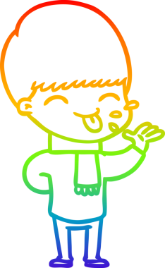 Gökkuşağı gradyan çizgi çizimi bir insan tarafından çizilmiş dili dışarı çıkaran bir çizgi çocuk.