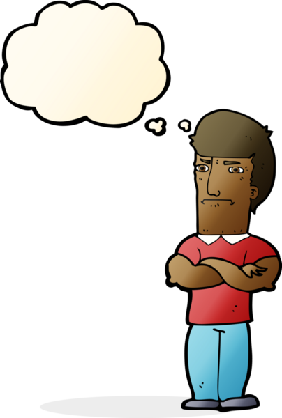 Bir insan tarafından çizilmiş düşünce baloncuğuyla kollarını kavuşturmuş, rahatsız bir adam.