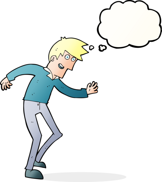 Bir insan tarafından çizilmiş düşünce baloncuğuyla dans eden mutlu adam çizgi filmi.