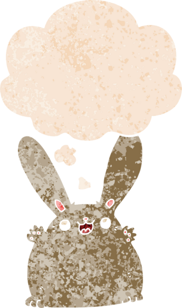 Düşünce baloncuklu çizgi film tavşanı grunge dertli eski moda bir insan tarafından çizilmiş.