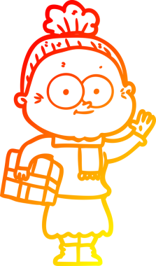 Bir insan tarafından çizilmiş mutlu, yaşlı bir kadının sıcak çizgi çizimi.