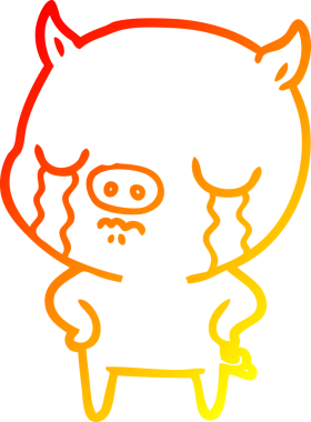 İnsan eli kalçasında ağlayan bir domuzun sıcak çizgi çizimi.