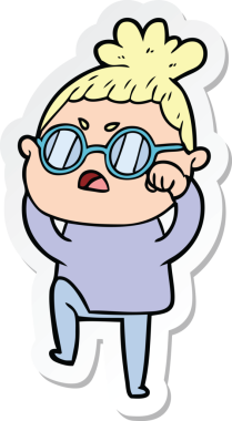 Çizgi film çıkartması. Bir insan tarafından çizilmiş rahatsız bir kadın.