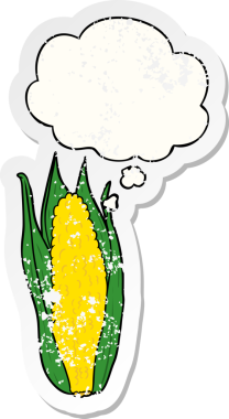 Düşünce baloncuklu karikatür mısırı insan tarafından çizilmiş yıpranmış bir çıkartma gibi.