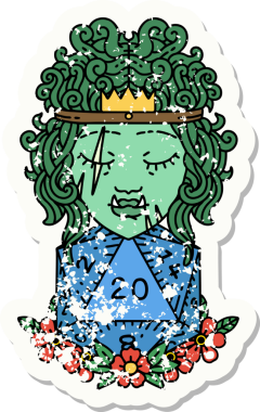 Bir insan tarafından çizilmiş 20 zarlı yarım ork barbarının grunge sticker 'ı.