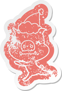 Kızgın, tuhaf çizgi film. Bir insan tarafından çizilmiş Noel Baba şapkası takan bir domuzun dertli çıkartması.