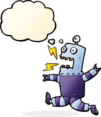 Bir insan tarafından çizilmiş düşünce baloncuklu korkmuş robot çizgi filmi.