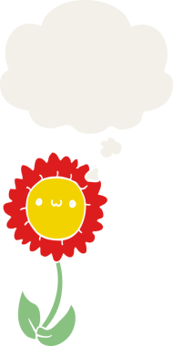 Düşünce baloncuğu olan karikatür çiçeği insan tarafından çizilmiş.