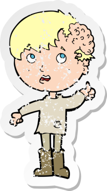 İnsan tarafından çizilmiş kafasında büyüyen bir çizgi film karakterinin gerilimli retro yapıştırması.