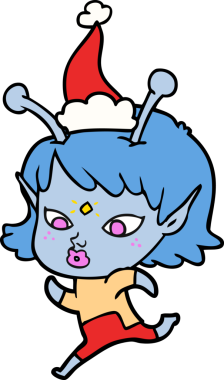 Bir insan tarafından çizilmiş Noel Baba şapkasıyla koşan bir uzaylı kızın çizimi.