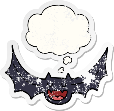 Düşünce baloncuklu karikatür yarasası bir insan tarafından çizilmiş yıpranmış bir çıkartma.