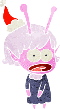 Bir insan tarafından çizilmiş Noel Baba şapkası giyen şok olmuş bir uzaylı kızın el çizimi karikatürü.