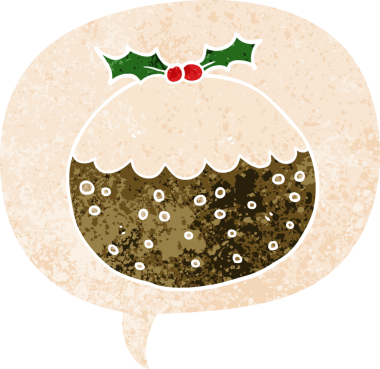 bir insan tarafından çizilmiş, grunge dertli retro stili ile konuşma baloncuklu noel pudingi.