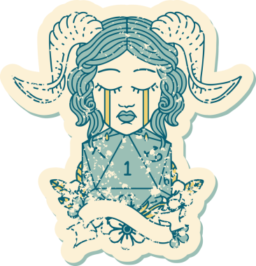 Retro Dövme Biçimi ağlayarak doğal bir D20 rulosuyla bir insan tarafından çizilmiş.