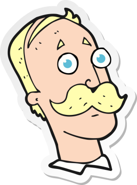 Bir insan tarafından çizilmiş bıyıklı bir karikatürcünün çıkartması.