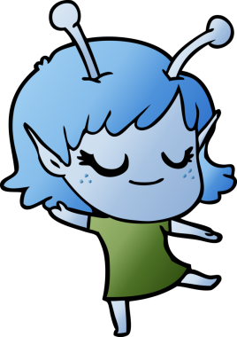 Bir insan tarafından çizilmiş gülümseyen uzaylı kız çizgi filmi.