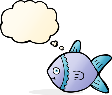 Bir insan tarafından çizilmiş düşünce baloncuklu çizgi film balığı.