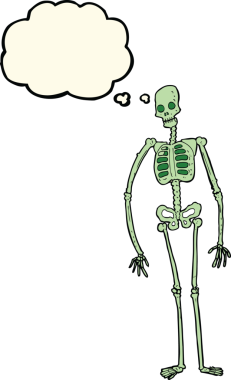 Bir insan tarafından çizilmiş düşünce baloncuklu ürkütücü iskelet.
