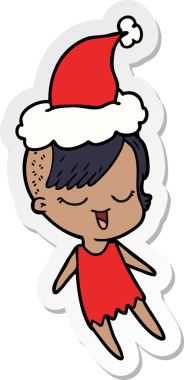 Bir insan tarafından çizilmiş Noel Baba şapkası giyen bir kızın mutlu el çizimi karikatürü.