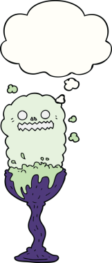 Bir insan tarafından çizilmiş düşünce baloncuklu karikatürlü Cadılar Bayramı iksiri.