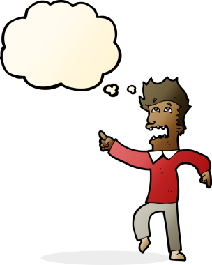 Bir insan tarafından çizilmiş düşünce baloncuğuyla işaret eden korkmuş bir çizgi film.