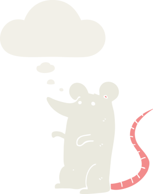 Düşünce baloncuğu olan bir insan tarafından çizilmiş çizgi film faresi.