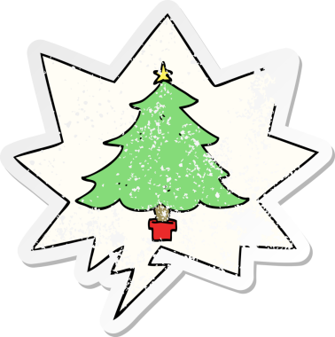 Bir insan tarafından çizilmiş, sıkıntılı, eski bir çıkartma olan, konuşma baloncuklu bir çizgi film Noel ağacı.