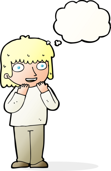 Bir insan tarafından çizilmiş düşünce baloncuğu olan heyecanlı bir karikatür.