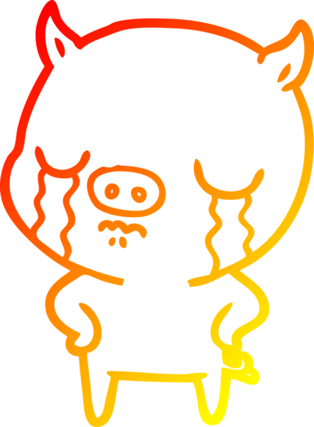 İnsan eli kalçasında ağlayan bir domuzun sıcak çizgi çizimi.