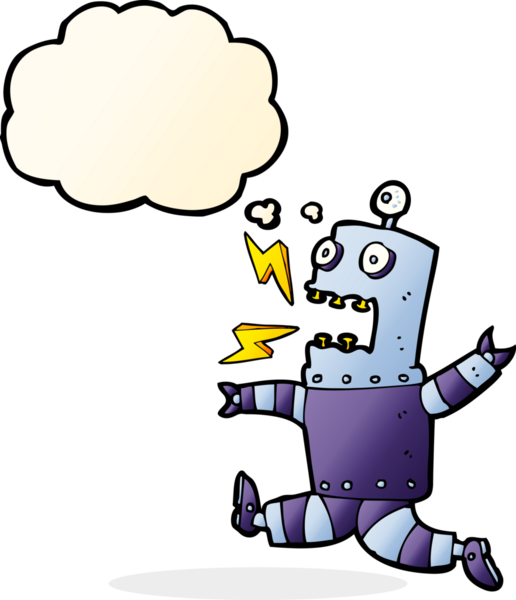 Bir insan tarafından çizilmiş düşünce baloncuklu korkmuş robot çizgi filmi.