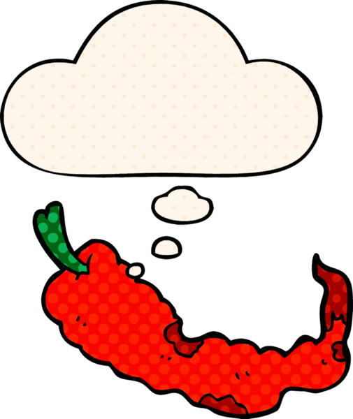 Çizgi roman tarzında bir insan tarafından çizilmiş düşünce balonlu kırmızı biber çizgi filmi.