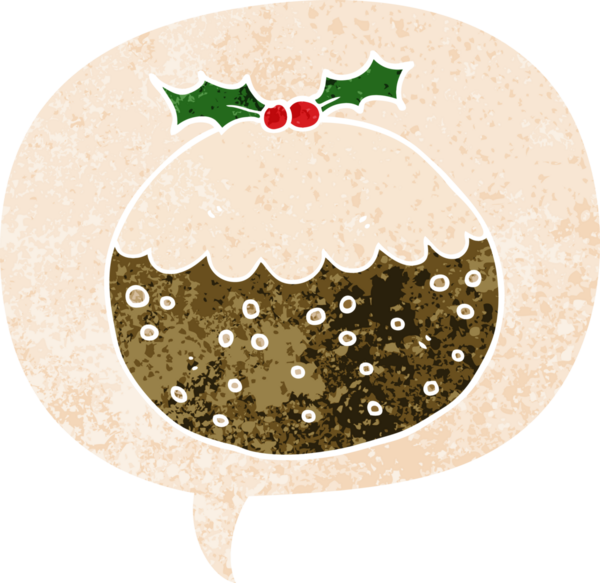 bir insan tarafından çizilmiş, grunge dertli retro stili ile konuşma baloncuklu noel pudingi.