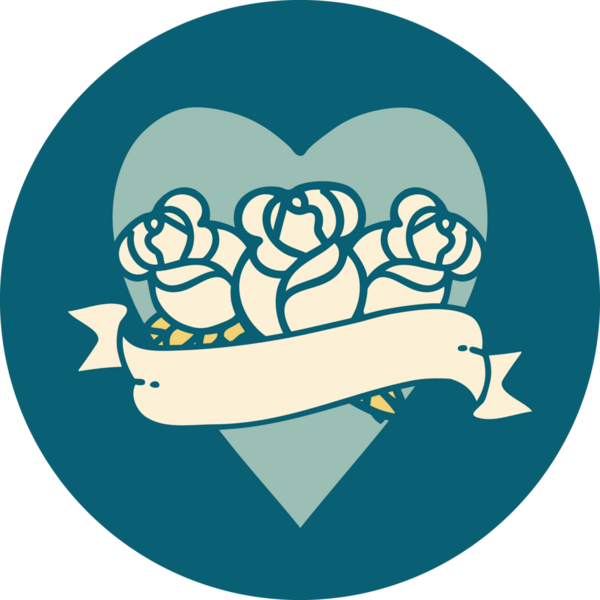 İkonik dövme stili bir kalp ve bir insan tarafından çizilmiş çiçekli pankart.