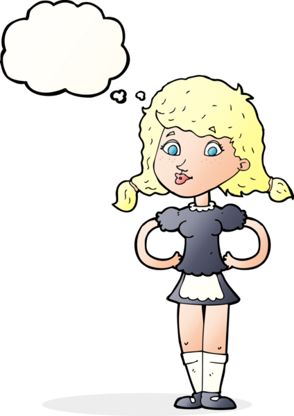 Bir insan tarafından çizilmiş düşünce balonlu mutlu garson kadın.