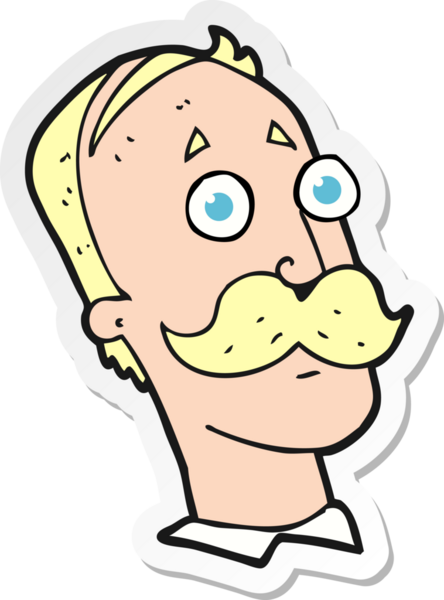 Bir insan tarafından çizilmiş bıyıklı bir karikatürcünün çıkartması.