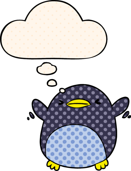 Çizgi roman tarzında bir insan tarafından çizilmiş düşünce baloncuğu olan sevimli kanat çırpan penguen.