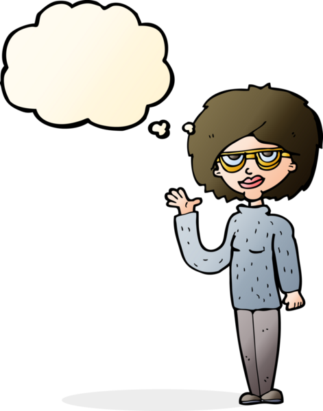 Bir insan tarafından çizilmiş düşünce baloncuğuyla el sallayan çizgi film kadını.