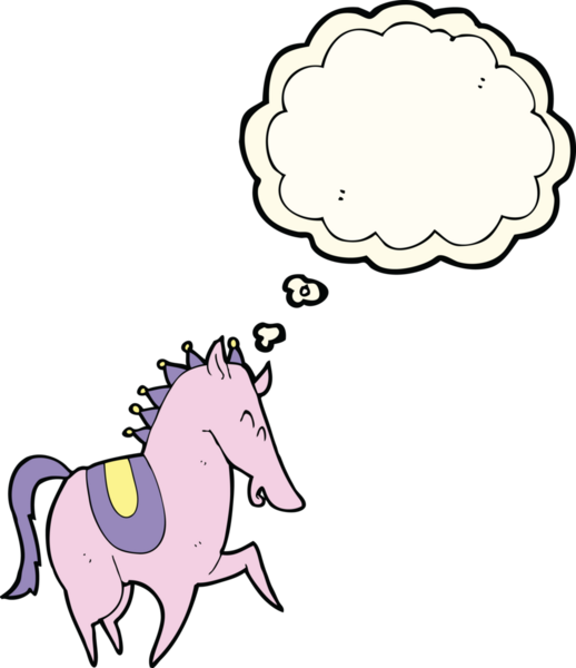 Bir insan tarafından çizilmiş düşünce baloncuklu hoplayıp zıplayan at.