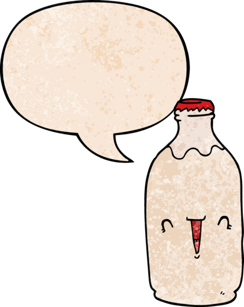 Bir insan tarafından çizilmiş geçmişe dönük konuşma baloncuklu şirin süt şişesi.