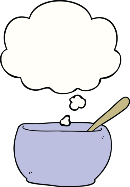 Bir insan tarafından çizilmiş düşünce baloncuklu çorba kasesi.