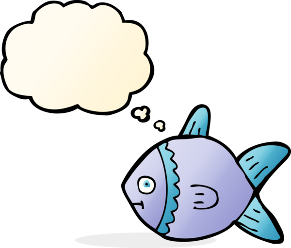 Bir insan tarafından çizilmiş düşünce baloncuklu çizgi film balığı.