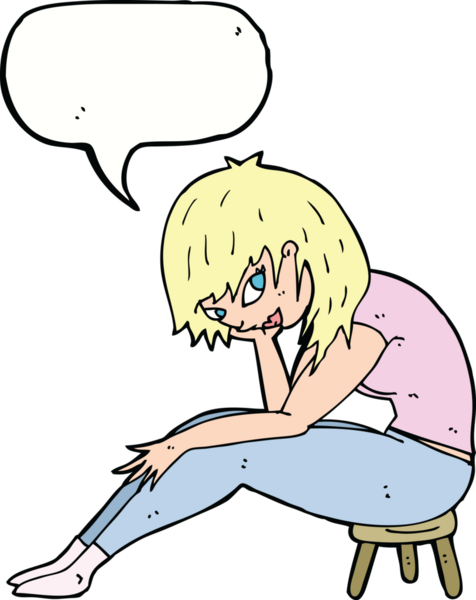 Bir insan tarafından çizilmiş bir konuşma balonuyla küçük bir taburede oturan çizgi film kadını.